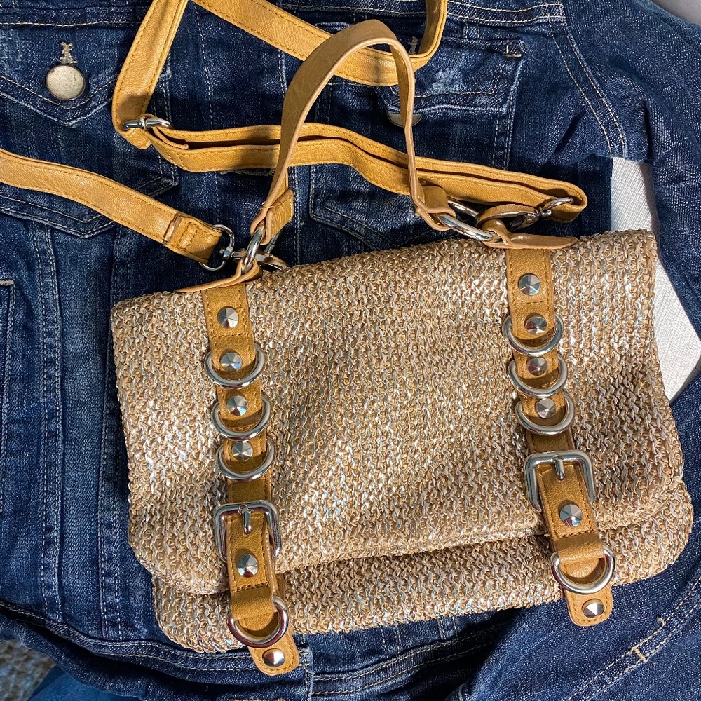 Olivia + Joy Tan & Silver Metallic Versatile Crossbody Shoulder Flap Bag